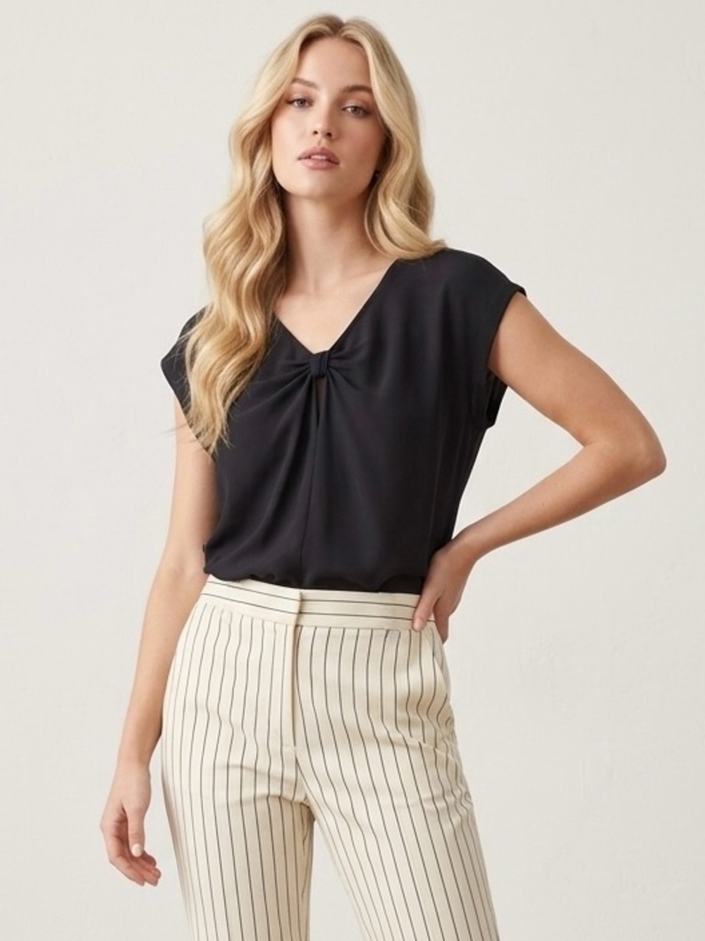 Rebecca Taylor Natalie- Black Bow-Front Cap Sleeve Silk Blouse